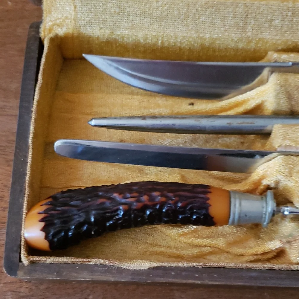 Vintage Carving Set with Bakelite Antler Handles by Flint